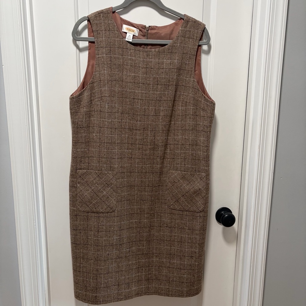 Vintage Talbots size 12 Brown Wool Tweed‎ Plaid Shift Dress Jumper Sheath